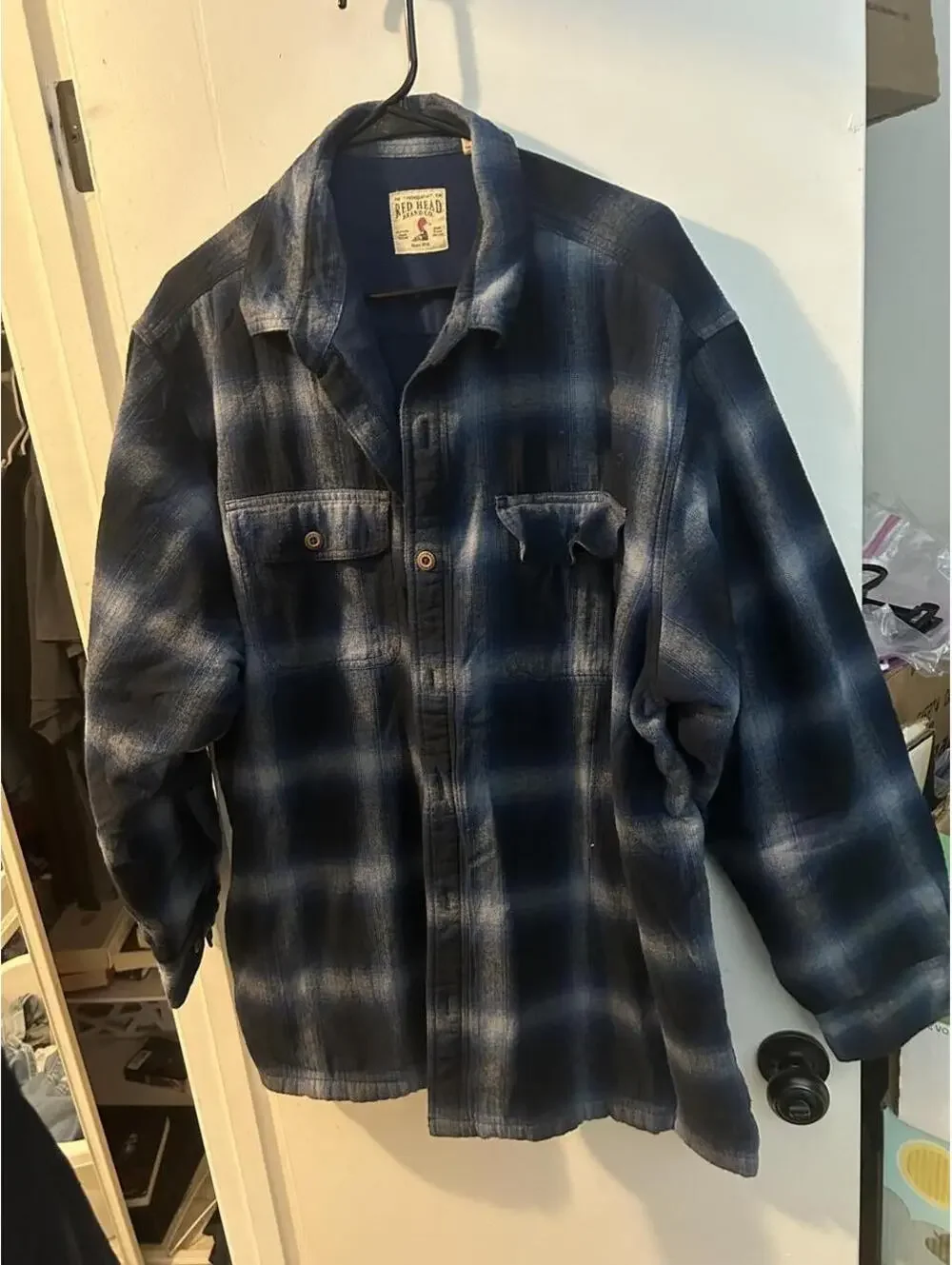 Red Head Blue and white plaid flannel coat size XL